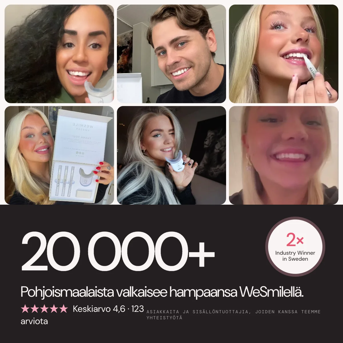 Yli 20 000 asiakasta Pohjoismaissa valkaisee hampaansa WeSmilellä. Keskiarvo 4,6 (123 arviota). 2× toimialan voittaja Ruotsissa